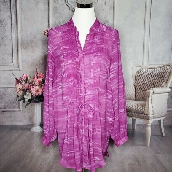 𝅺LANE Bryant Pink Mock Neck Ruffle Front Long Sleeve Tunic Top Plus Size 14/16 - Picture 3 of 14